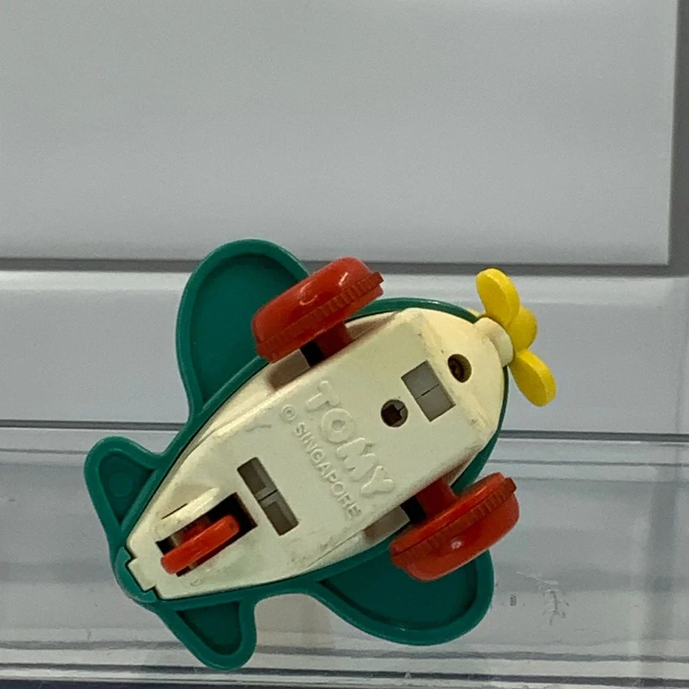 Vintage Tomy Wind Up Airplane Toy Teal White Red Wheels Pilot Figure Singapore